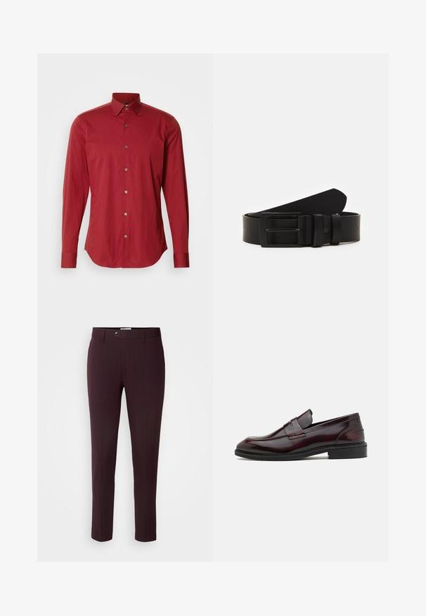 Camisa roja de manga larga con cuello abotonado, tapeta delantera con botones plateados y una tela suave y ligera.; Pantalones burdeos oscuros de corte slim, con cierre de botón, trabillas para cinturón y pliegues frontales. Tela suave con un diseño elegante.; Mocasines de cuero burdeos con un acabado suave, acento frontal rectangular y punta redondeada, con una suela de goma negra.; Cinturón de cuero negro enrollado con una hebilla metálica rectangular negra mate y dos trabillas sobre un fondo blanco.