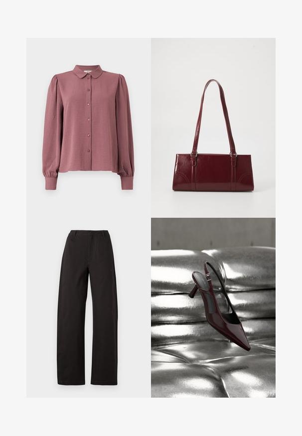 Chemise à bouton en mauve clair, avec un col, des manches longues bouffantes et un tissu texturé avec un éclat subtil.; Pantalon large noir, avec une taille haute, une coupe droite et une texture lisse. Pas de motifs visibles ni de détails en métal.; Escarpin slingback à talon haut, rouge foncé brillant avec bout pointu, présenté sur une surface en cuir argenté capitonné et brillant.; Sac à main bordeaux en matériau brillant, de forme rectangulaire, avec deux anses et des accents légèrement courbés à l'avant.