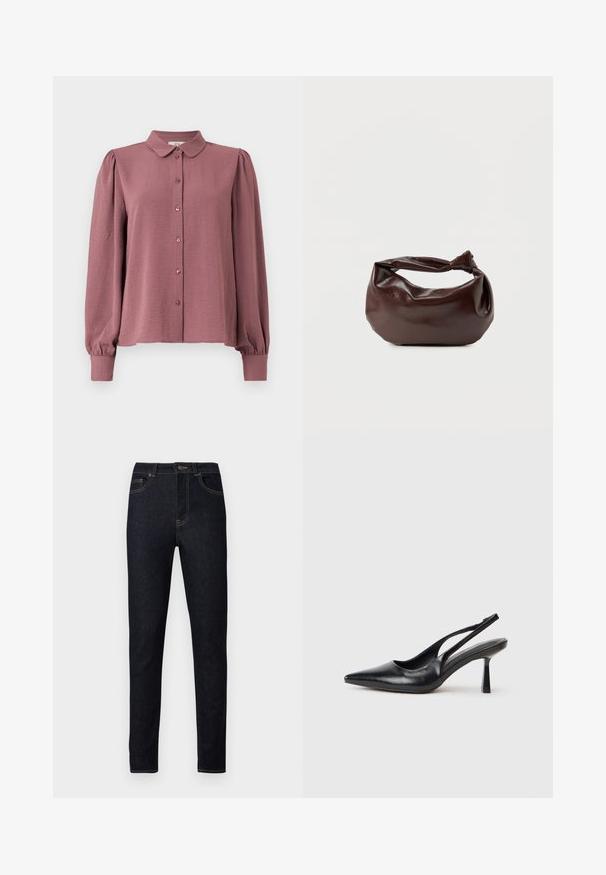 Chemise à bouton en mauve clair, avec un col, des manches longues bouffantes et un tissu texturé avec un éclat subtil.; Jean en denim bleu foncé à coupe slim, avec des surpiqûres orange, une braguette à boutons, et un design traditionnel à cinq poches.; Chaussure à talon haut en cuir noir, à bride arrière, avec un bout pointu et un talon fin sur fond blanc.; Sac bandoulière en cuir marron foncé avec une forme souple et décontractée et une anse nouée torsadée sur un fond blanc uni.