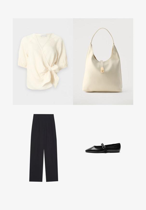 Blusa cruzada de manga corta color crema con tela texturizada y un gran lazo lateral en la cintura.; Pantalones anchos negros de tela suave, con pliegues, cinturilla plana y sin bolsillos ni adornos visibles.; Zapato plano negro de cuero con punta afilada, correa ajustable con hebilla de metal, textura suave y diseño minimalista.; Bolso hobo de cuero color crema con una sola correa para el hombro, textura suave y detalle de cierre metálico dorado en el frente.