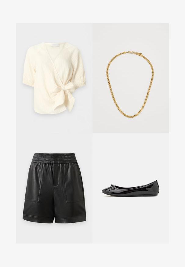 Blusa cruzada de manga corta color crema con tela texturizada y un gran lazo lateral en la cintura.; Pantalones cortos de imitación cuero negro con cinturilla elástica, botón a presión en la parte delantera, grandes bolsillos de parche en la parte delantera y dobladillo recto.; Bailarina de charol negro con puntera afilada, lazo decorativo en la parte delantera y suela de goma texturizada.; Collar de cadena de oro con eslabones entrelazados, textura suave y cierre de broche. Presenta una longitud ajustable para personalización del ajuste.