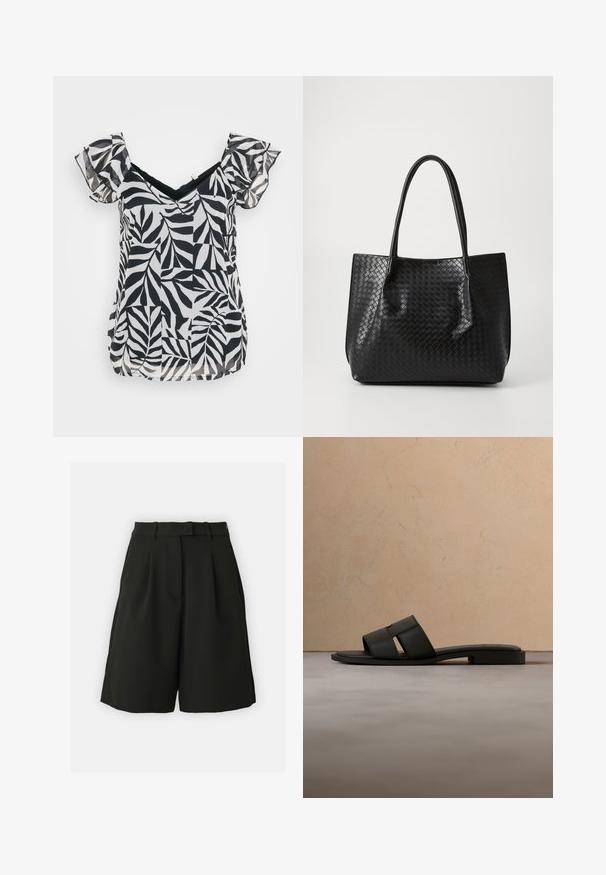Zwart-witte blouse met korte mouwen, een V-hals en gerafelde mouwen, met een bladerenpatroon op een lichte stof en een ontspannen pasvorm.; Vero Moda Tall VMBECCA BERMUDA - Shorts - black; Zwarte leren slides met brede bandjes en platte zool, zwevend boven een beige tapijt en bank op de achtergrond.; Zwarte geweven lederen totebag met twee handvaten, gestructureerde vorm en subtiele glanzende afwerking, tegen een eenvoudige lichte achtergrond.