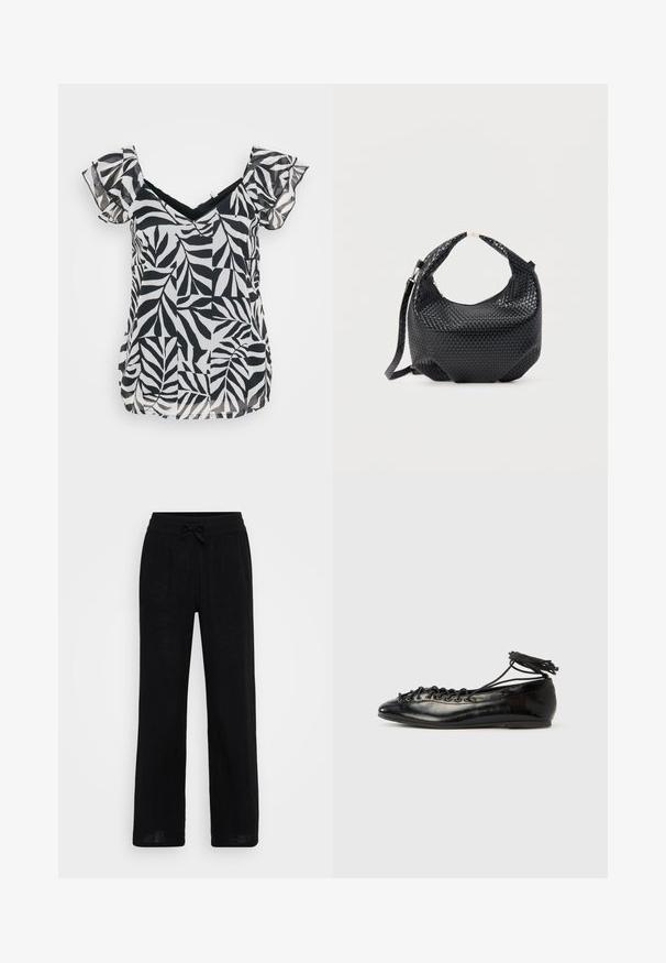 Blouse noire et blanche à manches courtes avec un décolleté en V et des manches à volants, ornée d'un motif de feuilles sur un tissu léger et à coupe décontractée.; Pantalons larges en lin noir avec une taille élastique et un cordon de serrage. Texture lisse, tissu respirant et design à longueur complète.; Ballerines en cuir verni noir avec un bout rond, un design à lacets et une semelle plate. Texture lisse avec peu de détails.; Sac à main en cuir tressé noir avec poignée courte et bandoulière amovible, présenté sur un fond clair uni.