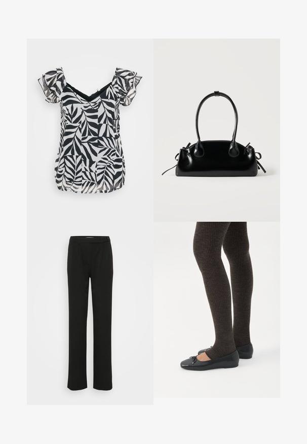 Blusa corta de manga corta en blanco y negro con escote en V y mangas con volantes, con un patrón de hojas en una tela ligera y un corte holgado.; Pantalones negros ajustados con una textura suave, diseño de pierna recta y cierre de botón frontal. Presenta pliegues y bolsillos laterales.; Piernas con leggings oscuros acanalados combinados con bailarinas negras que presentan pequeños detalles de lazo sobre un fondo blanco.; Pequeño bolso negro brillante con dos asas largas y detalles de cordón lateral sobre un fondo claro liso.