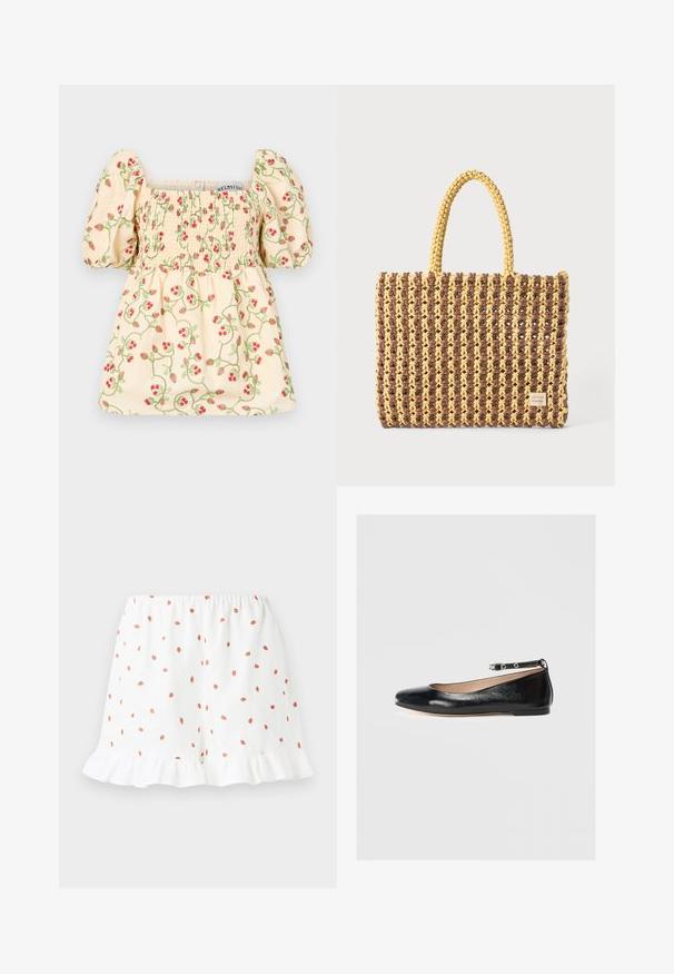 Blusa color crema con mangas abullonadas, que presenta detalles de fruncido y bordados florales de fresas rojas y enredaderas verdes.; Shorts blancos con pequeños estampados de fresas rojas por toda la prenda, con un dobladillo con volantes y cintura elástica para mayor comodidad. Hechos de una tela ligera.; Bailarina de cuero negro con punta redonda, cinta en el tobillo y tacón bajo. Textura suave y diseño minimalista.; Bolso tejido en marrón y amarillo, con forma rectangular, dos asas y un acabado texturizado con costuras visibles y una etiqueta de marca.