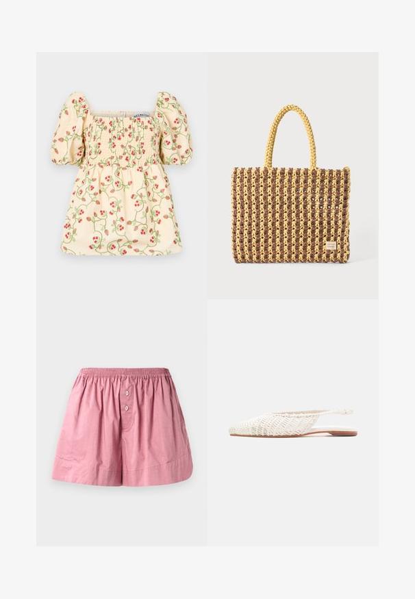 Cremefarbene Bluse mit Puffärmeln, ausgestattet mit smockierten Details und floralen Stickereien von roten Erdbeeren und grünen Ranken.; Rosa Baumwoll-Schlafshorts mit einem elastischen Bund, zwei vorderen Knöpfen und einer lockeren Passform. Der Stoff ist glatt mit einer leicht zerknitterten Textur.; Flacher weißer geflochtener Lederslingback-Schuh mit spitzem Zehenbereich und niedriger brauner Sohle auf neutralem Hintergrund.; Gewebte Tasche in Braun und Gelb, mit rechteckiger Form, zwei Tragriemen und einer strukturierten Oberfläche mit sichtbaren Nähten und einem Markenschild.