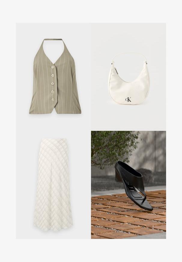 Haut à col halter en vert olive clair, arborant des rayures blanches verticales, cinq boutons sur le devant et une coupe ajustée avec un ourlet évasé.; Jupe longue de couleur crème avec un motif à carreaux diagonal gris. Design fluide avec une texture lisse, s'évasant vers l'ourlet.; Sandale noire à talon haut avec une lanière entre les orteils, flottant au-dessus d'une surface extérieure en bois et gravier à motifs, avec un arrière-plan flou de verdure et un mur.; Petit sac à main blanc en forme de croissant avec une courte bandoulière, fermeture éclair et logo "cK" noir sur le devant.