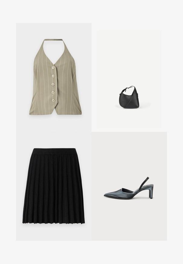 Halterneck top in licht olijfgroen, met verticale witte strepen, vijf knopen aan de voorkant en een aansluitend ontwerp met een uitlopende zoom.; Vero Moda Knitted VMMARINA Short - Minirok - black; Zwarte slingback hak met een puntige neus, een gladde satijnen afwerking en een slanke hak van 7,5 cm. Open zijkantontwerp met minimale stikdetails.; Zwarte lederen schoudertas met een afgeronde driehoekige vorm en verstelbare riem op een effen lichte achtergrond.