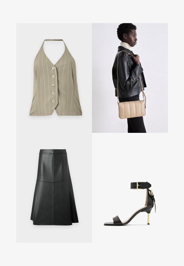 Halterneck top in licht olijfgroen, met verticale witte strepen, vijf knopen aan de voorkant en een aansluitend ontwerp met een uitlopende zoom.; Zwarte leren A-lijn rok, met een gladde textuur, tot halverwege de kuit, met horizontale stikdetails in de taille en naden voor extra structuur.; Zwarte leren sandalen met hak en vierkante neus, enkelband met een gouden gesp en een slanke metalen hak. Soepele textuur, minimalistisch ontwerp.; Beige leren crossbody tas met een gequilt ontwerp, rechthoekige vorm, dunne schouderband en zilverkleurige hardware, gedragen door een persoon in een zwarte jas.