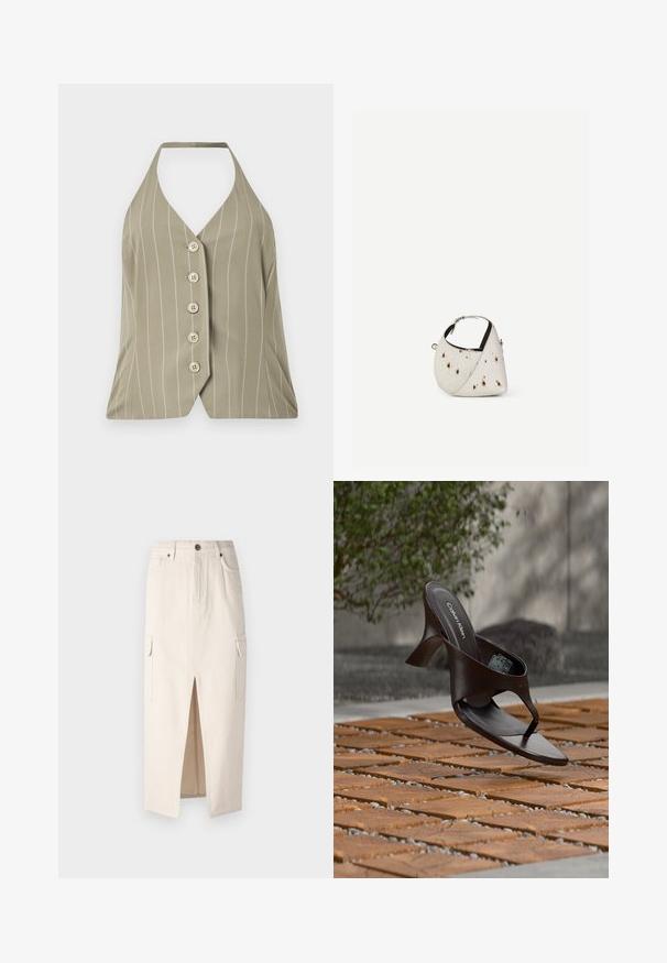 Halter top v svetlej olivovej zelenej farbe, s vertikálnymi bielymi pruhmi, piatimi gombíkmi na prednej strane a priliehavým strihom s rozšíreným lemom.; Béžová džínsová midi sukňa s predným rozparkom, dvoma bočnými vreckami a vysokým pásom. Obsahuje zapínanie na gombík a jemnú textúru.; Hnedá šľapka na podpätku značky Calvin Klein s remienkom, zavesená nad drevenou dlaždicou a štrkovým vonkajším povrchom s rozmazaným zeleným a kamenným pozadím.; Malá biela kabelka s hnedými škvrnami, zaoblený trojuholníkový tvar, čierne vnútorné lemovanie a krátky nastaviteľný popruh so striebornou prackou.