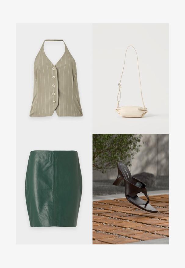 Halter top v svetlej olivovej zelenej farbe, s vertikálnymi bielymi pruhmi, piatimi gombíkmi na prednej strane a priliehavým strihom s rozšíreným lemom.; Zelená kožená mini sukňa s hladkou textúrou a priliehavým strihom. Má bezšvový dizajn bez viditeľných uzáverov alebo kovania.; Hnedá šľapka na podpätku značky Calvin Klein s remienkom, zavesená nad drevenou dlaždicou a štrkovým vonkajším povrchom s rozmazaným zeleným a kamenným pozadím.; Malá béžová kožená kabelka cez rameno s nastaviteľným popruhom, zobrazená na jednofarebnom svetlom pozadí.