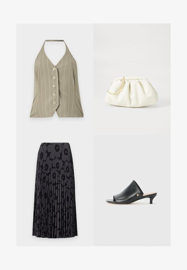 Haut à col halter en vert olive clair, arborant des rayures blanches verticales, cinq boutons sur le devant et une coupe ajustée avec un ourlet évasé.; Jupe plissée noire avec un motif floral, fabriquée en tissu léger ; présente des rayures verticales et une taille élastique.; Mules ouverts en cuir noir avec un talon bas. Présentent une surface lisse et un accent logo doré sur le côté.; Sac à main en cuir blanc avec un design plissé, doté d'une bandoulière en chaîne dorée et d'une forme arrondie. Texture lisse avec des plis doux et sans motifs.