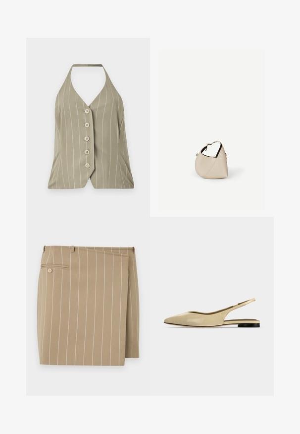 Haut à col halter en vert olive clair, arborant des rayures blanches verticales, cinq boutons sur le devant et une coupe ajustée avec un ourlet évasé.; Jupe beige avec des rayures blanches verticales, en tissu texturé. Présente un rabat à l'avant et une poche arrière avec un détail de bouton.; Chaussure plate beige à bout pointu avec bride arrière, petit talon noir et finition en cuir lisse, vue de côté sur un fond uni.; Sac à main en cuir beige en forme de croissant avec une seule bandoulière et des coutures minimalistes, posé sur un fond blanc uni.