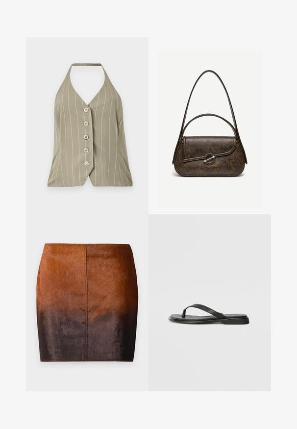 Haut à col halter en vert olive clair, arborant des rayures blanches verticales, cinq boutons sur le devant et une coupe ajustée avec un ourlet évasé.; Jupe mini dégradé brun en matériau doux, présentant une texture lisse, une silhouette ajustée et des coutures précises le long des bords.; Tongs noires en cuir lisse, avec un design de sangle fine et une semelle plate à profil minimal. Aucun motif ou accent notables.; Sac à main en cuir brun foncé texturé avec deux anses, forme rectangulaire arrondie, et fermeture à bouton circulaire argenté sur le rabat avant.