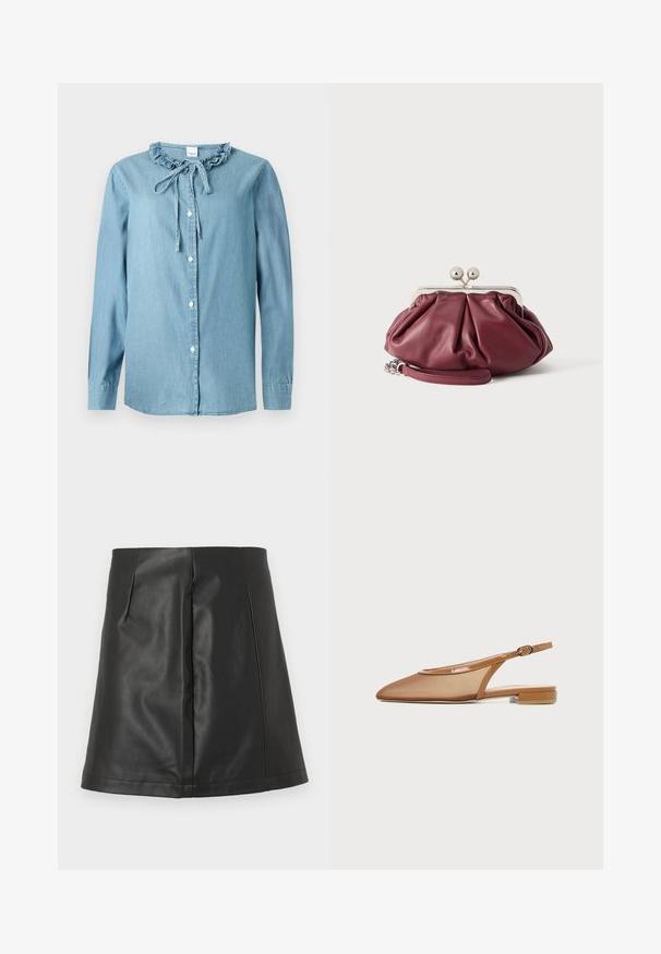 Blouse en denim bleu clair à manches longues avec boutons sur le devant, col à volants et cordon à nouer à l'encolure sur un fond uni.; Mini-jupe trapèze en similicuir noir avec détails de couture avant sur fond blanc.; Chaussure plate marron à bride arrière avec bout pointu, dessus en mesh, finition vernie et petit talon bloc, vue de profil.; Petite pochette en cuir bordeaux avec fermoir en métal argenté et bracelet pour poignet sur fond blanc.