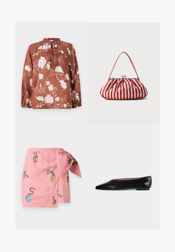 Brun blomstret bluse med høj halsudskæring, bindebånd og lange ærmer med elastiske manchetter. Stoffet har en blød, let tekstur.; Lyserød slå-om-nederdel med forskellige broderede motiver, herunder slanger, vaser og planter, med gyldne og flerfarvede accenter over det hele.; Sort damesko i læder med flad hæl og spids tå, vist fra siden på en ensfarvet lys grå baggrund.; Rødt og hvidt vertikalt stribet stofpung med sølvspænde, tynd hank og en ekstra sølvkæderem, placeret på en ensfarvet baggrund.