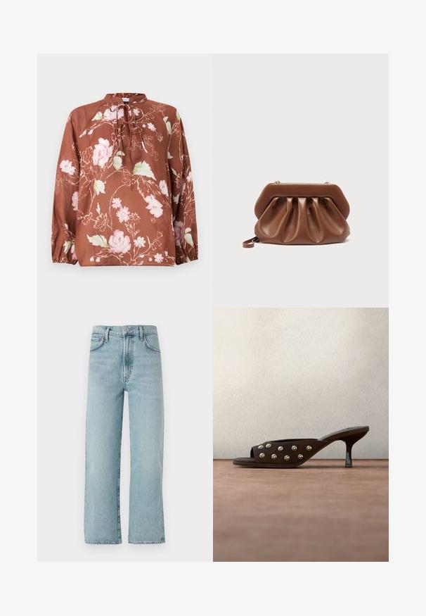 Brun blomstret bluse med høj halsudskæring, bindebånd og lange ærmer med elastiske manchetter. Stoffet har en blød, let tekstur.; Lyst blå lige ben jeans lavet af denim, med højTalje, en frontknaplukning og subtile falmninger på stoffet.; Mørkebrun mule med høj hæl og guldnitter på remmen, vist svævende over en grå gulv foran slørede grønne paneler.; Brun læderclutch med samlet design og struktureret topramme, der har en lille håndledsrem og detalje i guldfarvet lukning.