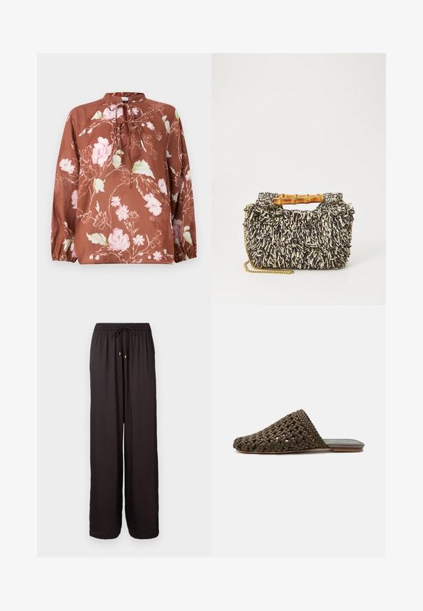 Brun blomstret bluse med høj halsudskæring, bindebånd og lange ærmer med elastiske manchetter. Stoffet har en blød, let tekstur.; Sorte, løstsiddende bukser med elastisk talje og snøre med guldfarvede spidser, fuldlængde og lige ben.; Brun vævet slip-on mule med flad sål og lukket rundet tå på hvid baggrund.; Vævet taske med et struktureret sort og creme mønster, bambushåndtag og en aftagelig guldkæde-strop. Kompakt rektangulær form.