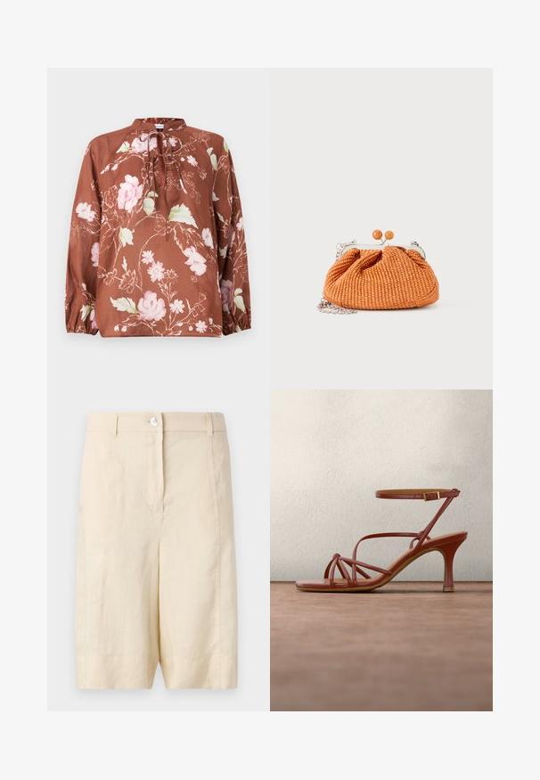 Brun blomstret bluse med høj halsudskæring, bindebånd og lange ærmer med elastiske manchetter. Stoffet har en blød, let tekstur.; Bebé linnedshorts med en glat tekstur, der har en frontknaplukning, skræddersyet design og en lige skæring ved kanten.; Brun højhælet sandal med stropper og ankelspænde, der svæver over en grå betongulv med sløret glasbaggrund.; Lille orange flettet clutch-pung med sølvmetalramme, rund lukning og en sølvkæde-rem på en hvid baggrund.