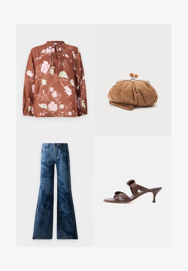 Brun blomstret bluse med høj halsudskæring, bindebånd og lange ærmer med elastiske manchetter. Stoffet har en blød, let tekstur.; Bukser i mørkeblåt denim med udvidet ben i bunden, prydet med en tonal blomsterprint. Standard fem-lomme design med en frontknap og lynlås.; Brun vævet læder-sandal med to remme og en lav kittenhæle på en ensfarvet hvid baggrund.; Lille blød brun ruskind clutch taske med rynket stof, metal-lukning, træperledekorationer og håndledsrem på hvid baggrund.