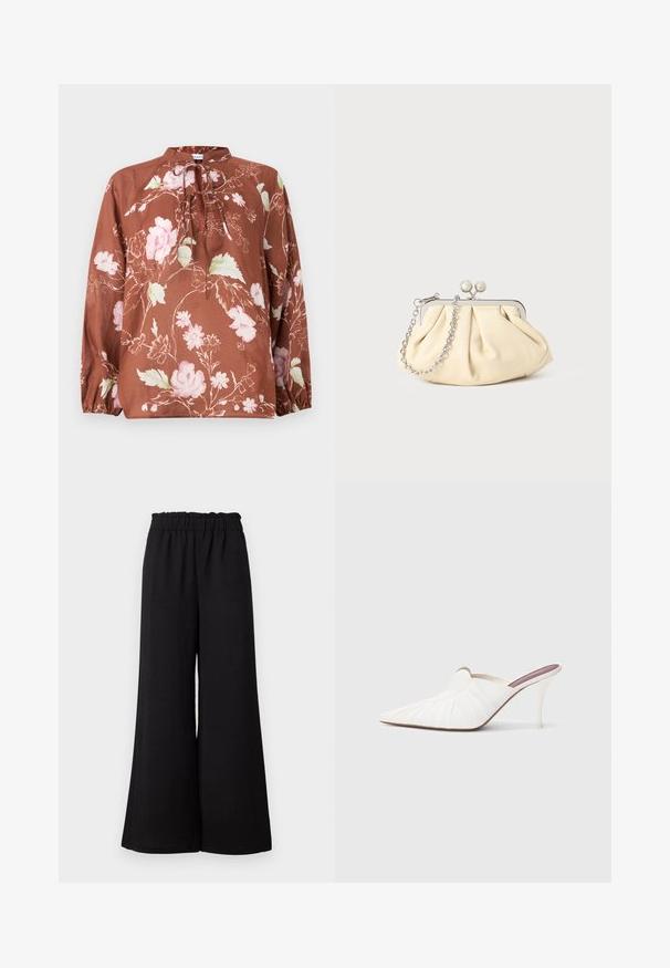 Brun blomstret bluse med høj halsudskæring, bindebånd og lange ærmer med elastiske manchetter. Stoffet har en blød, let tekstur.; Sorte vidde bukser med elastisk talje, lavet af tekstureret stof, med en loose fit og lige kanter.; Hvide mule sko med spids snude, plisseret tekstur på overdelen og en slank stilet hæl. Glat overflade og minimalistisk design.; Plisseret beige læderclutch med en sølvmetalramme, der har to runde dekorative låse og en sølvkædetrasporte.