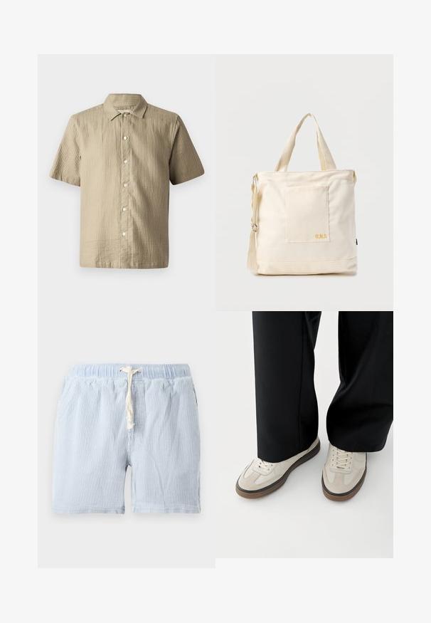 Kortærmet skjorte i lys beige, tekstureret stof. Har en knaplukning foran, spids krave og seks knapper langs knaplappen.; Lyseblå, stribede shorts lavet af blødt stof med elastisk talje og snor. Har sidelommer og en afslappet pasform.; Fødder iført beige sneakers med brune såler og sorte bukser med vide ben på hvid baggrund.; Kremfarvet lærredstote-taske med frontlomme, to håndtag, justerbar skulderrem og lille gul "O.N.S" tekst i nederste højre hjørne af lommen.