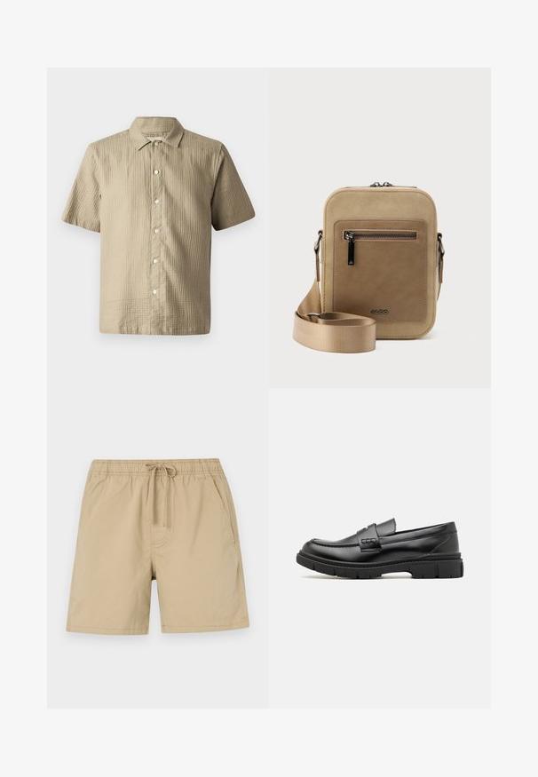 Kortærmet skjorte i lys beige, tekstureret stof. Har en knaplukning foran, spids krave og seks knapper langs knaplappen.; Beige shorts lavet af bomuld med elastisk talje, snoretræk og sidelommer. Glat tekstur og længde over knæet.; Sort læder loafersko med en bred rem over forfoden, gummisål med tykke mønstre og glat overflade. Klassisk, slankt design.; Lille beige crossbody-taske med lynlåslomme foran, metal ALDO-logo, justerbar bred rem og rundet rektangulær form på hvid baggrund.