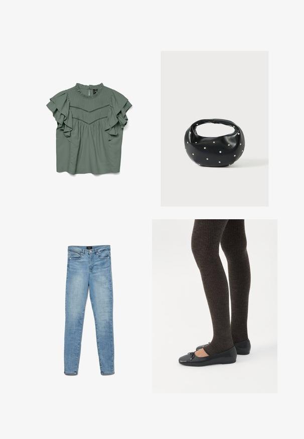 Groene blouse met korte mouwen, voorzien van gerimpelde mouwen, een geplooid ontwerp en een ronde halslijn. Zacht materiaal met een ontspannen pasvorm.; Lichtblauwe vervaagde skinny jeans met een knoopsluiting aan de voorkant en vijf zakken, plat gelegd op een witte achtergrond.; Benen met donkere geribbelde leggings gecombineerd met zwarte ballerina's met kleine strikdetails op een witte achtergrond.; Zwarte leren handtas met een afgeronde vorm, versierd met zilveren studs, en een korte handgreep. Gladde textuur en ritsluiting.