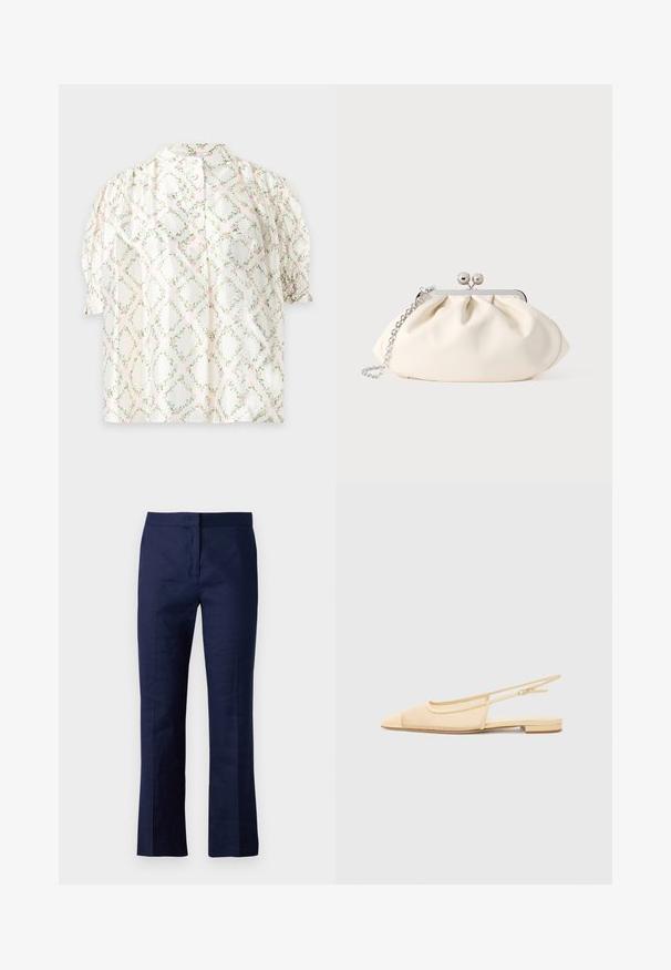 Witte blouse met korte mouwen met een groen bladeren- en roze bloemenruitpatroon, pofmouwen en een knoopsluiting aan de voorkant.; Navyblauwe op maat gemaakte broek van een gladde stof, met een rechte pijp, voorplooien en een getailleerde tailleband.; Slingback ballerina in lichtbeige met een mesh bovenwerk, spitse neus en een lage hak. Voorzien van een verstelbare band voor een goede pasvorm.; Crèmekleurige stoffen clutch met een geplooid ontwerp, een zilverkleurig metalen frame, twee decoratieve balletjes en een zilveren kettingriem.