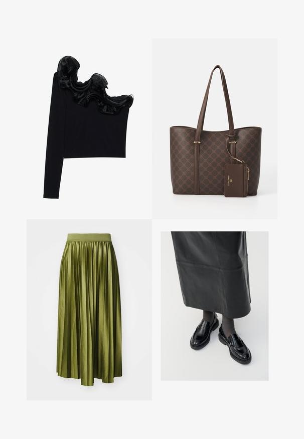Sort en-skulder top med et rynket, gennemsigtigt overlay langs halsudskæringen, lavet af letvægtsstof med en glat tekstur.; Plisseret midi-nederdel i olivengrønt satin, med en bred elastisk talje og en let silhuet med lodrette plisseringer.; Sorte læder loafers med en glat finish, prydet med en dekorativ rem, rund tå og tekstureret sål. Båret med en lang sort læderskirt.; Brun tote taske lavet af mønstrets syntetisk materiale, med dobbelte håndtag og en aftagelig lynlåspose med guldfarvede hardware detaljer.