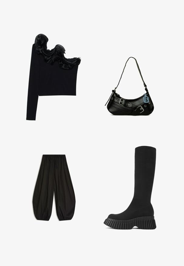 Schwarzes Top mit einem Schulterträger, das mit einem rüschenartigen, transparenten Überzug entlang des Ausschnitts versehen ist, aus leichtem Material mit glatter Textur gefertigt.; Locker sitzende schwarze Hose mit gerafftem elastischem Bund und elastischen Bündchen, die eine ballonartige Silhouette erzeugt.; Schwarze kniehohe Stiefel mit einer gerippten Plattformsohle und strukturiertem Obermaterial. Elegantes, figurbetontes Design mit abgerundetem Zehenbereich und ohne sichtbare Beschläge.; Schwarze synthetische Handtasche mit geschwungener Form, verstellbarem Riemen und dekorativen Metall-Schnallen. Besitzt eine glatte, glänzende Textur.