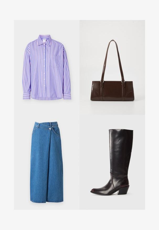 Overhemd met lange mouwen en knopen, blauwe en roze verticale strepen en een borstzakje, plat weergegeven op een witte achtergrond.; Blauwe denim midi-rok met overlappend voorpaneel, riemlussen, zijzakken en knoopsluiting in de taille.; Knielange, donkerbruine leren laars met een spitse neus, hoekige blokhak en een gladde, glanzende textuur. Heeft een strak ontwerp en stikdetails.; Bruine lakleren handtas met een rechthoekige vorm, twee lange handvatten en subtiele gebogen accenten aan de voorkant.