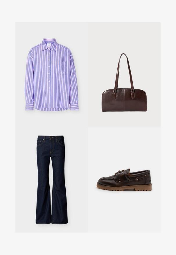 Langærmet skjorte med knapper, med blå og pink lodrette striber og en brystlomme, vist fladt på en hvid baggrund.; Mørkeblå denimjeans med vide ben, frontknap og lynlås, samt fem-lomme-design med kontrastsyning.; Brun læder bådsko med rund tå, to snørehuller og struktureret gummisål. Har syet detaljer og en kontrasterende tan sål.; Brun lædertaske med to lange håndtag, en struktureret rektangulær form, glat tekstur og afrundede kanter. Har accentdetaljer ved håndtagene.