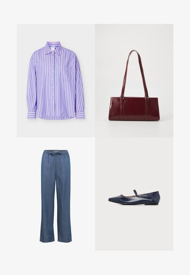 Overhemd met lange mouwen en knopen, blauwe en roze verticale strepen en een borstzakje, plat weergegeven op een witte achtergrond.; Lange denim broek met wijde pijpen in een gemiddelde blauwe tint, voorzien van een elastische tailleband met een verstelbaar trekkoord en een rechte snit voor een comfortabele pasvorm.; Marineblauwe leren platte schoen met puntige neus en een enkele dunne band over de wreef, zijaanzicht op witte achtergrond.; Bourgondische handtas van glanzend materiaal, rechthoekige vorm, met twee schouderbanden en subtiele gebogen accenten aan de voorkant.