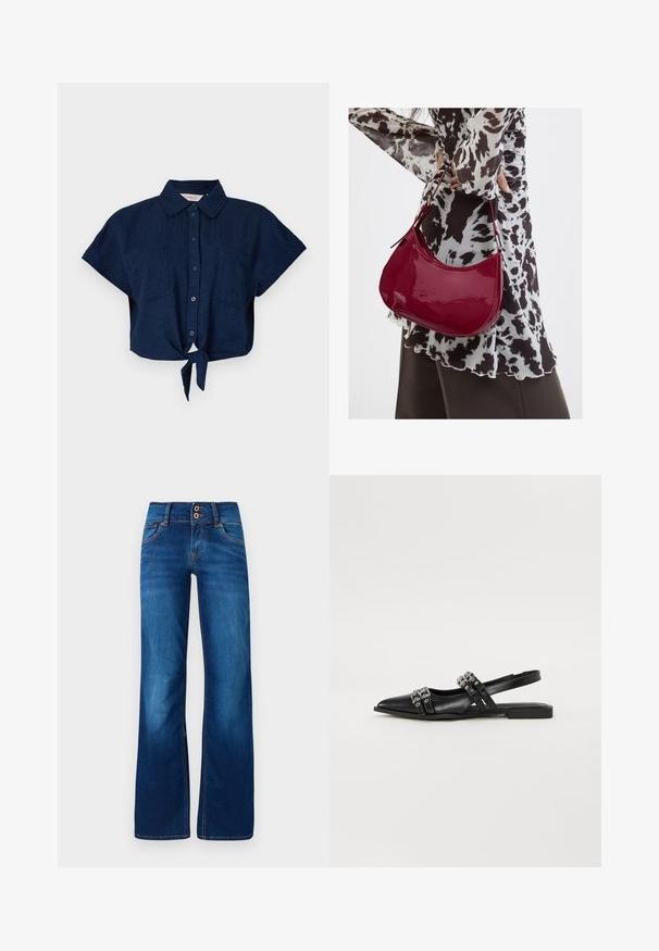 Marineblå kortærmet skjorte med knapper, krave, to brystlommer og en knude foran ved taljen.; Bredde ben blå jeans lavet af denim, med to forreste knapper, orange syninger og en glat tekstur. Klassisk fem-lomme design.; Even&Odd Slingback-ballerinasko - black; Kvinde iført en sort- og hvidmønstret bluse, der holder en blank rød skuldertaske mod en ensfarvet baggrund.