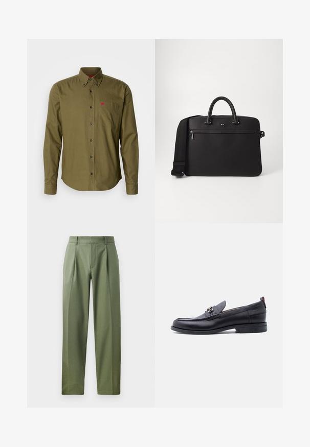Camisa verde oliva de botón, hecha de algodón. Cuenta con un bolsillo en el pecho con un pequeño logo rojo, mangas largas y botones negros.; Pantalones a medida en tejido verde olivo con una textura suave, que cuentan con dos pliegues frontales, trabillas para el cinturón y un diseño de pierna recta.; Mocasín de cuero negro con empeine gris texturizado, detalle de hebilla metálica plateada, tacón bajo y lengüeta para tirar en la parte trasera.; Bolso de piel negra con textura suave, doble asa superior y una correa de hombro desmontable. Cuenta con un bolsillo delantero con cremallera y detalle del logo.