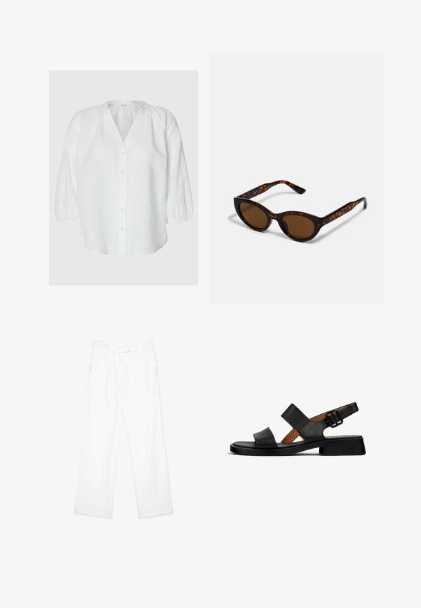 Blusa blanca de manga larga con botones en la parte delantera, escote fruncido y puños elásticos, exhibida sobre un fondo neutro.; Pantalones de lino blancos con un ajuste holgado, que presentan un diseño de pierna recta, bolsillos frontales y una cintura plana. Textura suave en todo el tejido.; Sandalia de cuero negro con dos correas horizontales y una correa en el tobillo con hebilla. Suela plana y texturizada con un ligero tacón y un acabado suave.; Gafas de sol de carey marrón con una forma vintage de ojo de gato y lentes marrones. Presentan brazos curvados con acentos rojos.