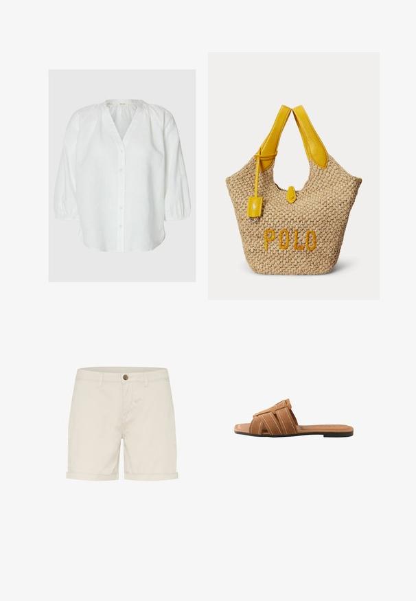 Blouse blanche à manches longues avec devant boutonné, encolure froncée, et poignets élastiques, présentée sur un fond neutre.; Shorts en coton beige clair avec une fermeture à bouton, des revers pliés et des poches latérales. Texture lisse et design ajusté pour le confort.; Sandale slide en daim marron avec des brides croisées présentant des coutures blanches et une semelle plate noire, vue de côté sur un fond blanc.; Sac fourre-tout tissé beige avec des poignées en cuir jaune, une petite étiquette en cuir jaune et le mot "POLO" brodé en jaune à l'avant.