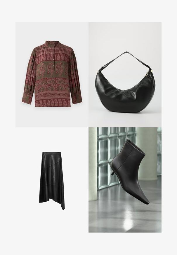 Chemise bordeaux à col montant, ornée de motifs floraux, en tissu texturé, avec des manches longues à détails froncés.; Jupe en cuir noir avec un ourlet asymétrique et un design en panneaux, dotée d'une texture lisse et d'un éclat subtil.; Bottine en cuir noir avec bout pointu et petit talon, présentée devant un mur en blocs de verre et un sol poli.; Sac à épaule en cuir noir, de forme courbée, avec une texture douce et une seule sangle; il comporte une fermeture éclair dorée et un logo discret.