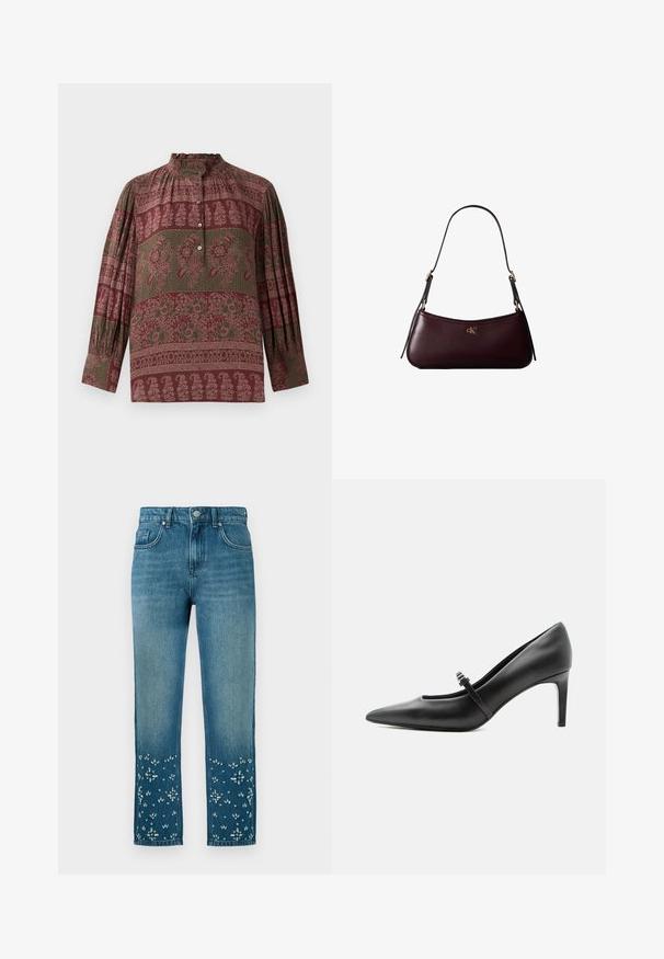 Burgunderfarbendes Hemd mit hohem Kragen, das mit floralen Mustern, strukturiertem Stoff und langen Ärmeln mit gerafften Details versehen ist.; Blaue Jeans aus Denim mit geradem Schnitt, ausgestattet mit floralen Stickereien und Verzierungen am Saum sowie einem Fünf-Taschen-Design.; Schwarzer Leder-Pumps mit spitzer Zehenpartie, dünnem Riemen und Schnalle über dem Spann, stehend auf hellem neutralem Hintergrund.; Dunkelburgunderfarbene Lederhandtasche mit schmalem schwarzem Schulterriemen und kleinem goldenem "cK" Logo vorne in der Mitte.