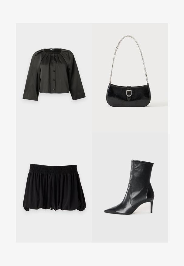 Blouse courte noire avec un col rond, des manches bouffantes, et six boutons sur le devant. Confectionnée en tissu lisse avec une légère brillance et des plis nervurés subtils.; Mini-jupe noire avec un ourlet bouffant et une large ceinture élastique froncée sur un fond clair uni.; Bottes noires à la cheville en cuir lisse, dotées d'un bout pointu, d'un tige ajustée et d'un talon haut fin. Design minimaliste sans quincaillerie visible.; Sac à épaule en cuir verni noir avec détail de boucle argentée et bandoulière en chaîne argentée, présenté sur un fond uni clair.