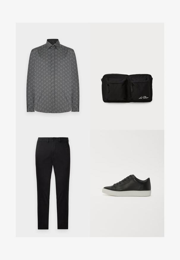 Langärmeliges Hemd mit dunkelgrauem Grundton und einem sich wiederholenden abstrakten weißen Muster. Sichtbare Knopfleiste am Kragen und Manschetten.; Schwarze Slim-Fit-Hose mit Knopf- und Reißverschluss, Gürtelschlaufen und ohne sichtbare Taschen, gezeigt vor weißem Hintergrund.; Schwarze Leder-Sneaker mit runder Spitze, flacher weißer Gummisohle und einer Schnürung mit sechs Ösen. Glatte Textur, minimalistischer Stil.; Schwarze Stofftasche mit zwei vorderen Reißverschlusstaschen, gesticktem Text, rechteckiger Form, strapazierfähiger Textur und unauffälligem Design.