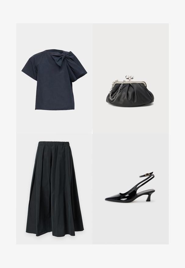 Blouse bleu marine foncé à manches courtes avec un grand nœud en tissu sur l'épaule gauche, sur un fond uni clair.; Pantalon noir à jambes larges plissé avec une ceinture élastique, fabriqué en tissu léger, suspendu sur un fond blanc uni.; Escarpins à brides arrière en cuir verni noir, à bout pointu, avec un petit talon carré et une sangle de cheville ajustable dotée d'une boucle dorée.; Porte-monnaie en cuir noir avec texture froncée, cadre en métal argenté, fermeture à verrouillage kiss-lock et bandoulière en chaîne. Surface lisse et douce.