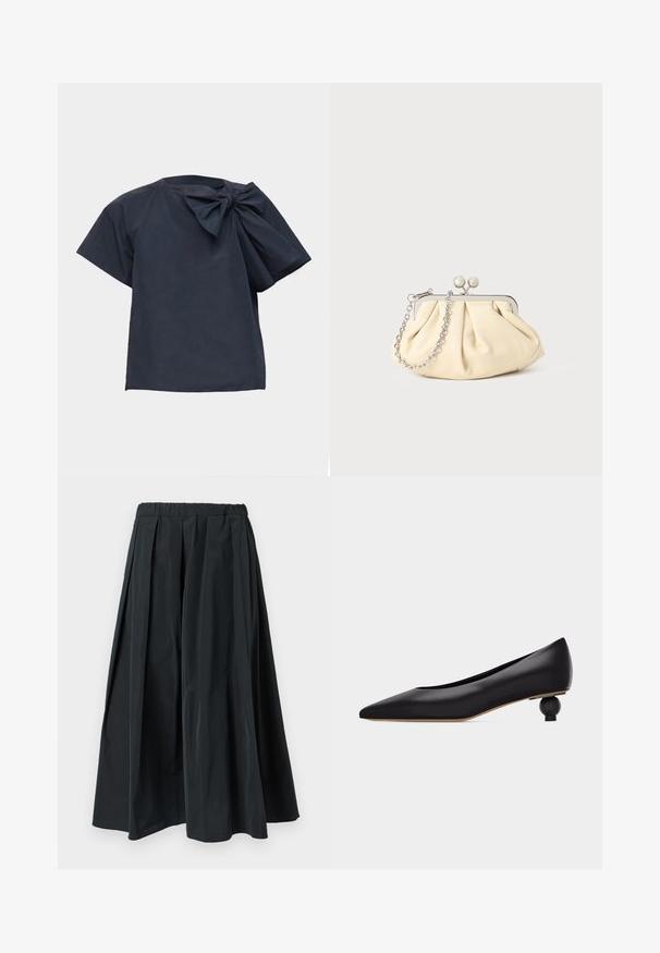 Blouse bleu marine foncé à manches courtes avec un grand nœud en tissu sur l'épaule gauche, sur un fond uni clair.; Pantalon noir à jambes larges plissé avec une ceinture élastique, fabriqué en tissu léger, suspendu sur un fond blanc uni.; Chaussure noire à bout pointu avec un talon bas unique sculpté en forme ronde et une tige en cuir lisse, vue de profil sur un fond blanc.; Pochette en cuir beige plissé avec un cadre en métal argenté, dotée de deux fermoirs ronds décoratifs et d'une chaîne en argent.