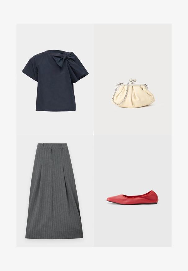 Blouse bleu marine foncé à manches courtes avec un grand nœud en tissu sur l'épaule gauche, sur un fond uni clair.; Jupe plissée grise avec une ceinture ajustée, motif à rayures verticales et silhouette fluide. Texture lisse et longueur au genou.; Filippa K REY FLATS - Ballerines - bright red; Pochette en cuir beige plissé avec un cadre en métal argenté, dotée de deux fermoirs ronds décoratifs et d'une chaîne en argent.