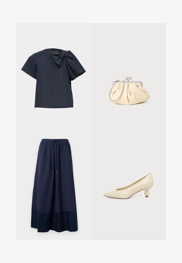Donker marineblauwe blouse met korte mouwen en een grote stoffen strik op de linkerschouder tegen een effen lichte achtergrond.; Navyblauwe maxi rok van zachte stof, met een elastische tailleband en een trekkoord, en een donkerdere blauwe paneel aan de zoom.; Dames schoen in roomkleur met een puntige neus en een lage, ronde balvormige hak op een effen achtergrond.; Geplooide beige leren clutch met een zilveren metalen frame, voorzien van twee ronde decoratieve sluitingen en een zilveren kettingriem.