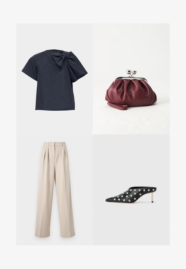 Blouse bleu marine foncé à manches courtes avec un grand nœud en tissu sur l'épaule gauche, sur un fond uni clair.; Pantalon large beige taille haute avec plis à l'avant, passants pour ceinture et fermeture avant dissimulée.; STAND STUDIO KELSEY - Mules à talons - black; Petit sac pochette en cuir bordeaux avec fermoir métallique argenté et bracelet sur fond blanc.