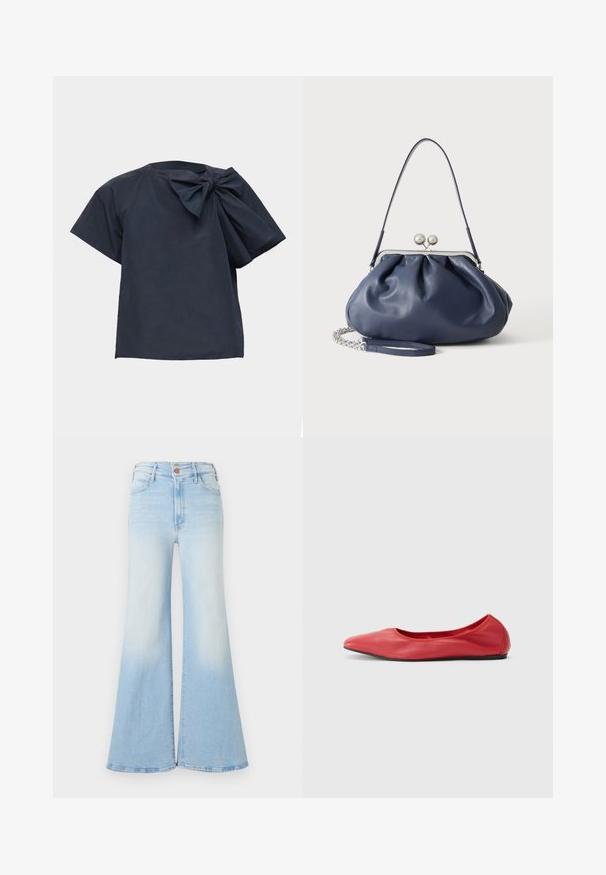 Blouse bleu marine foncé à manches courtes avec un grand nœud en tissu sur l'épaule gauche, sur un fond uni clair.; Jean en denim bleu clair taille haute avec jambes évasées larges, fermeture à boutons sur le devant, et poches avant et arrière.; Filippa K REY FLATS - Ballerines - bright red; Sac à main en cuir bleu marine doux avec fermeture à boucle argentée, une seule bandoulière, et une chaîne de poignet amovible sur fond blanc.