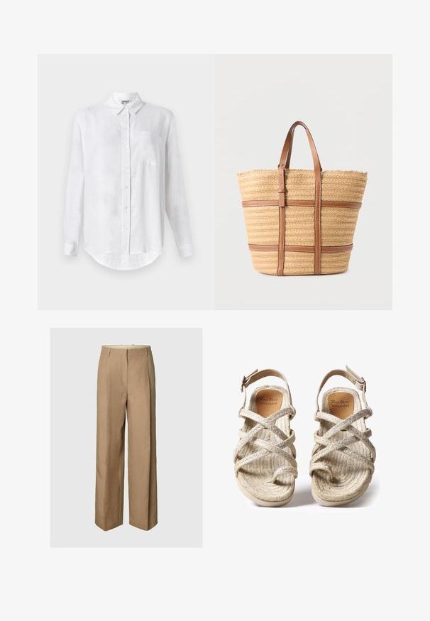 Hvid langærmet skjorte lavet af hør med button-down krave, enkelt brystlomme og afrundet nederste kant. Har standard frontlukning med knapper.; Beige bukser med vide ben, taljebånd, frontlynlås og bæltestropper, vist mod en ensfarvet lys grå baggrund.; Beige flettede sandaler med krydsremdesignet, lavet af teksturerede naturlige fibre, med flad sål og justerbar ankelrem.; Stor beige flettet tote-taske med to brune læderstropper og vandrette brune læderbånd på en ensfarvet baggrund.