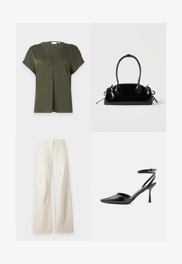 Blusa de manga corta en verde aceituna oscuro, con escote en V y pliegue delantero. Tejido suave con un corte relajado y detalle de costura mínima.; Pantalones de pierna ancha en una tela de algodón color crema. Presentan una cintura alta, un diseño estructurado y detalles de costura mínimos. Parte delantera plana con bolsillos.; Zapato de tacón alto negro de punta fina con delgadas correas en el tobillo y cierre de hebilla plateada sobre un fondo liso claro.; Pequeño bolso negro brillante con dos asas largas y detalles de cordón lateral sobre un fondo claro liso.